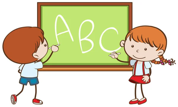 Boy and girl writing on chalkboard — Stock Vector