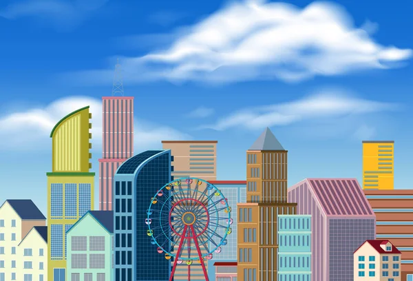 Scène de ville avec de nombreux bâtiments et la roue ferris — Image vectorielle