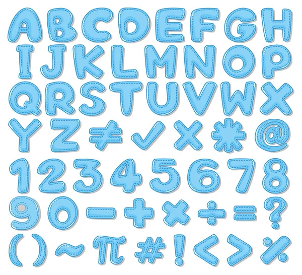 Font design for english letters and numbers in blue — Stock Vector