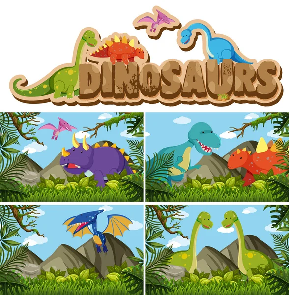 Diferentes tipos de dinosaurios en la selva — Vector de stock