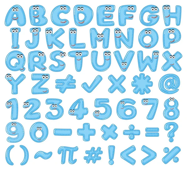 Schriftdesign für englische Buchstaben und Zahlen in blau — Stockvektor