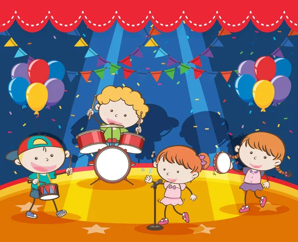 Barn leker musik i bandet på scenen — Stock vektor