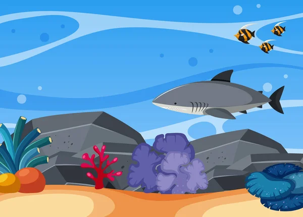 Tiburón y peces nadando en el mar — Vector de stock
