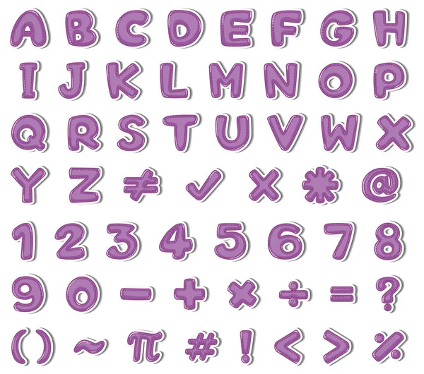 Schriftdesign für englische Alphabete und Zahlen in lila Farbe — Stockvektor