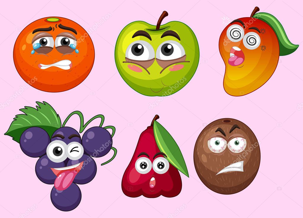 Fruits with different facial expressions illustration