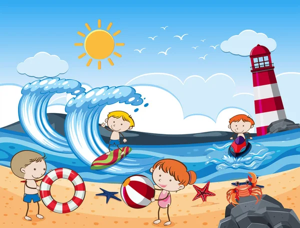 Activités pour les enfants avec plage en journée ensoleillée — Image vectorielle