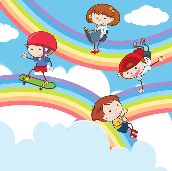 Doodle crianças brincando no arco-íris — Vetor de Stock
