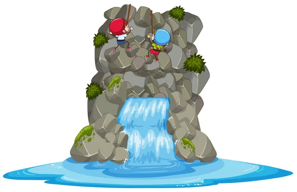 Niños Escalada en roca sobre la cascada — Vector de stock