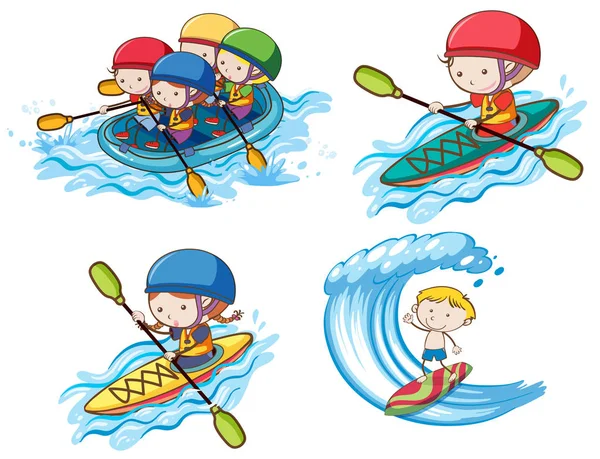 Niños haciendo deporte acuático sobre fondo blanco — Vector de stock