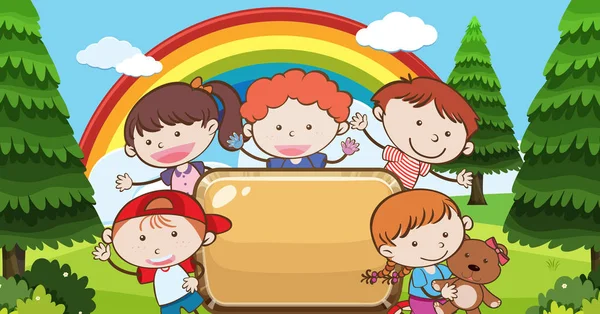 Kid Under Rainbow com bandeira — Vetor de Stock