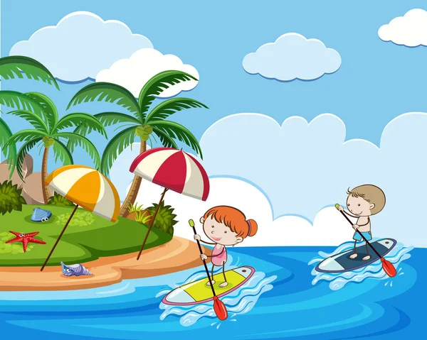 Děti Doodle na dovolené s Stand Up Paddle Board — Stockový vektor