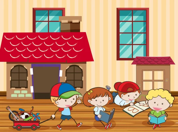 Doodle Kids грають у вітальні — стоковий вектор