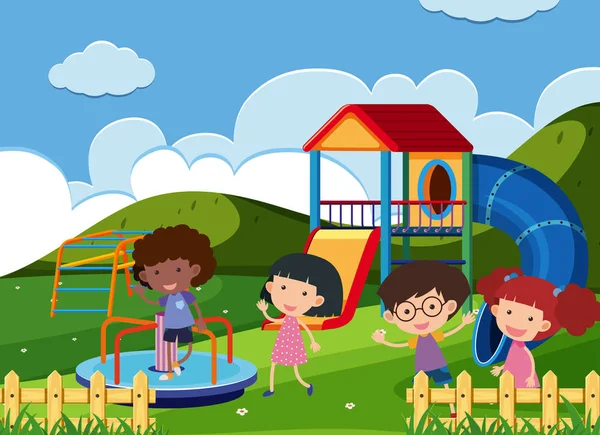 Glückliche Kinder spielen auf Spielplatz — Stockvektor
