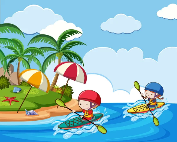 Vacaciones en Kayak en la playa — Vector de stock