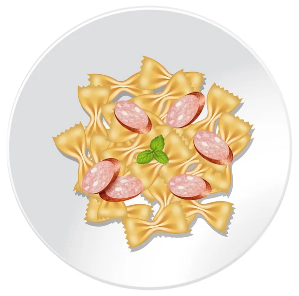 Farfalle Pasta med korv på maträtt — Stock vektor