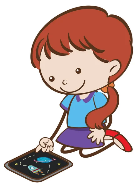 Doodle Kid che gioca Tablet su sfondo bianco — Vettoriale Stock