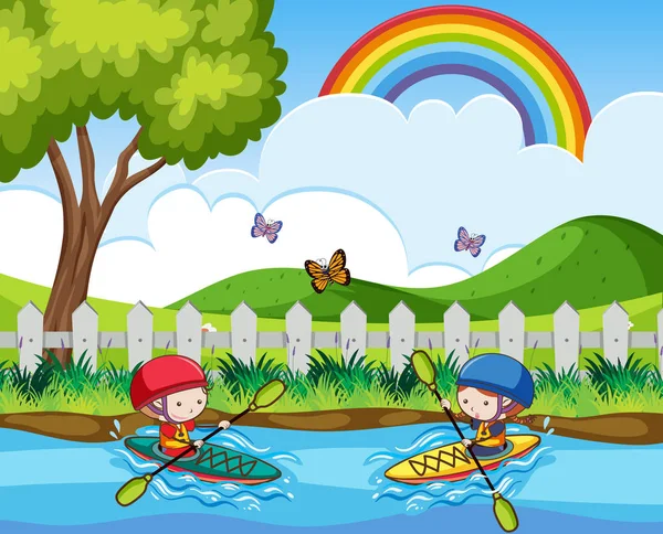 Doodle bambini in canoa nel fiume — Vettoriale Stock