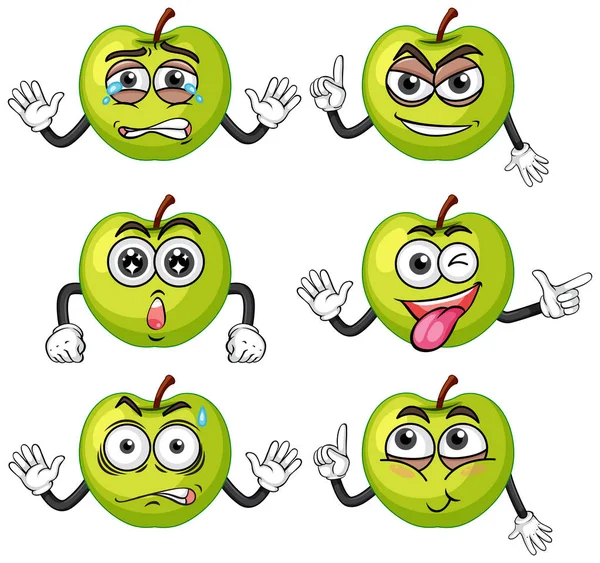 Zielone jabłko twarze wyrażenie na białym tle — Wektor stockowy