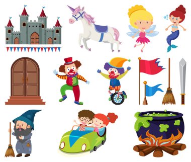 Beyaz arka planda masal karakterleri kümesi
