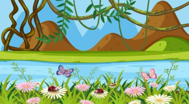 Çiçek bahçesi ve nehri olan peyzaj tasarımı