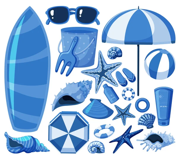 Articles de plage isolés en couleur bleue — Image vectorielle