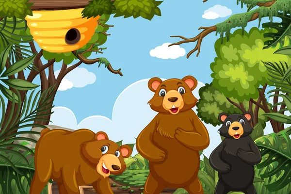 Urso bonito na cena da selva —  Vetores de Stock