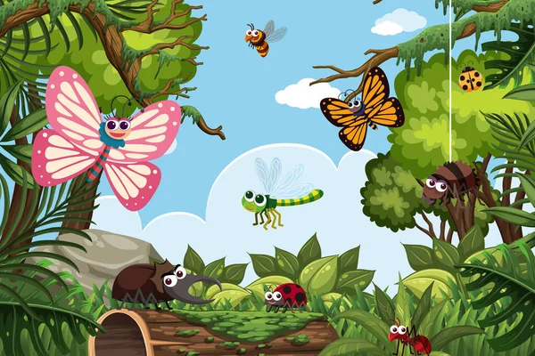 Insectos en la selva escena — Vector de stock