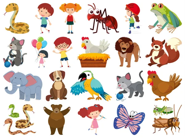 Conjunto de objetos aislados de niños y animales — Vector de stock