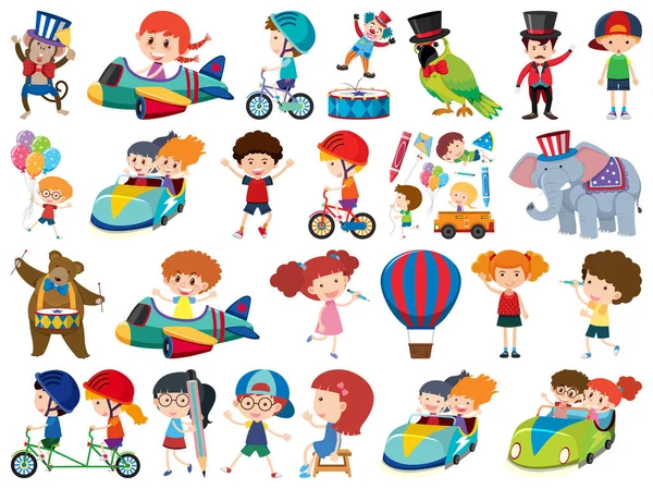 Grand ensemble d'objets isolés d'enfants et de cirque — Image vectorielle