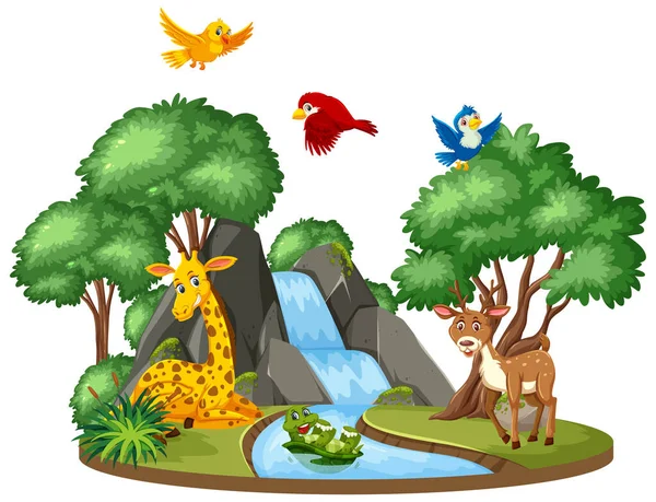 Escena de fondo de muchos animales en la cascada — Vector de stock