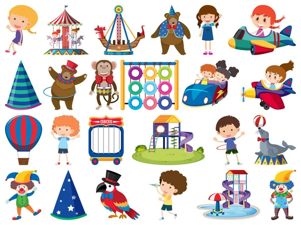 Duży zestaw odizolowanych przedmiotów dla dzieci i cyrku — Wektor stockowy