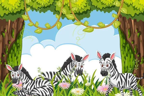 Zebre nella giungla scena — Vettoriale Stock
