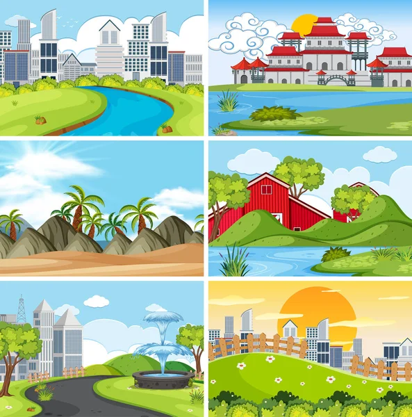 A set of outdoor scene including building — Stock Vector