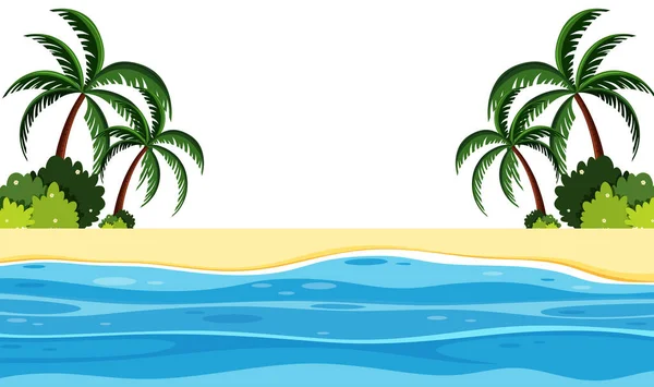 Fondo de paisaje con mar azul dn árboles verdes — Vector de stock