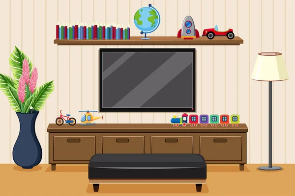 Wohnzimmer mit Fernseher und Spielzeug — Stockvektor