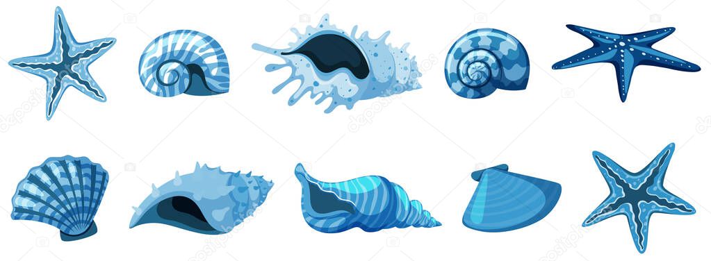 Set of isolated seashells in blue color