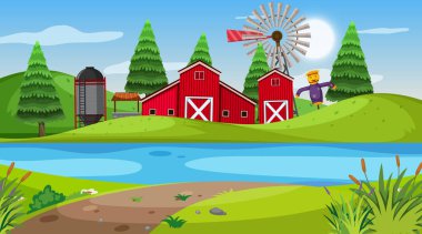 Nature scene with red barn on the farmland