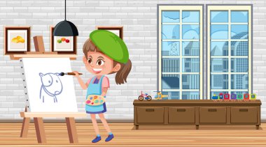 Girl painting on canvas in the house