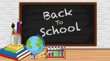 Back to school sign with board and school items