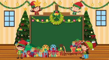 Border template with christmas tree and elves