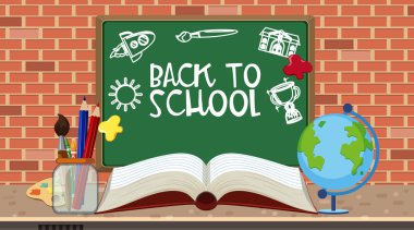 Okul teçhizatıyla birlikte sınıftaki okul tabelasına.