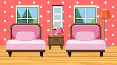 Pembe kanepeli ve yastıklı oda.