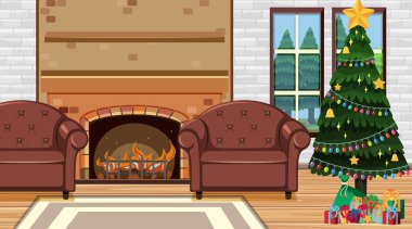 Room with christmas tree by the fireplace