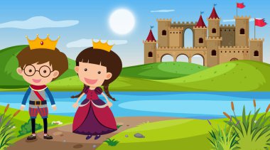 Nehir kenarında kral ve kraliçeyle doğa sahnesi