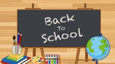 Back to school sign with many school items