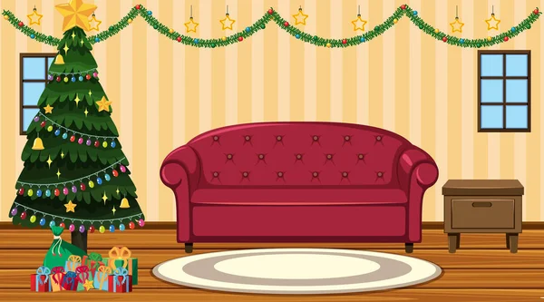 Cena com árvore de natal pelo sofá — Vetor de Stock