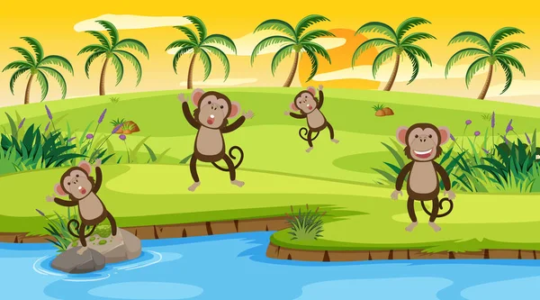 Háttér jelenet majmok a folyó mellett — Stock Vector