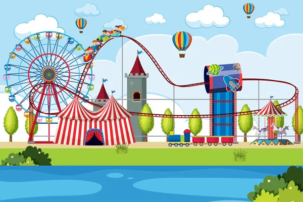 Scène de parc d'attractions avec de nombreux manèges — Image vectorielle