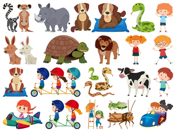 一组孤立的物体，主题为儿童和动物 — 图库矢量图片