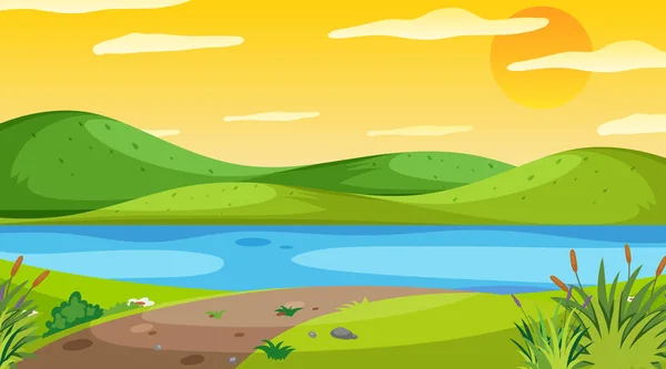 Escena natural con río al atardecer — Vector de stock